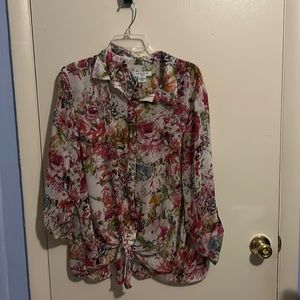 Liz Claiborne White and Pink 2X Button up Long Sleeve Blouse